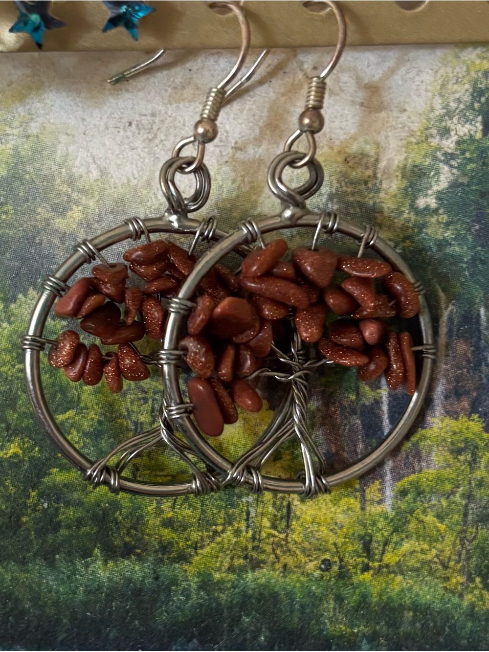 Handcrafted Tree of Life Drop Earrings in Brown Goldstone